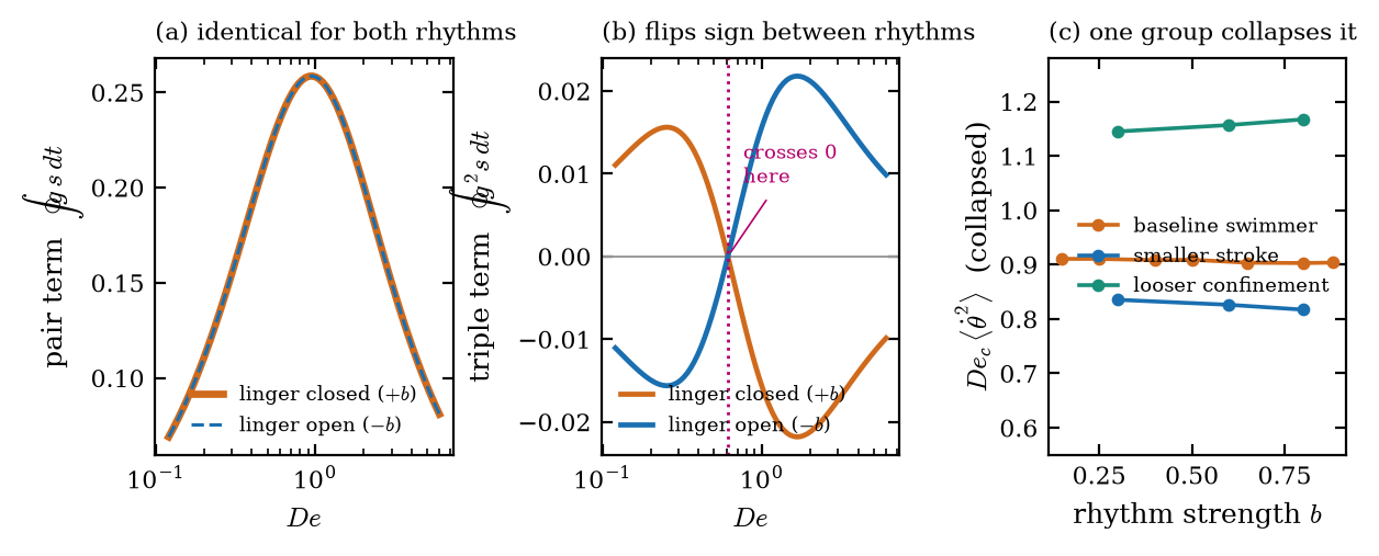 Three panels: the pair term identical for both rhythms, the triple term crossing zero, and the collapse