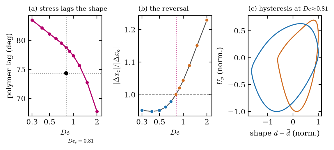Three panels: polymer lag versus Deborah number, the reversal, and the hysteresis loops of the two rhythms